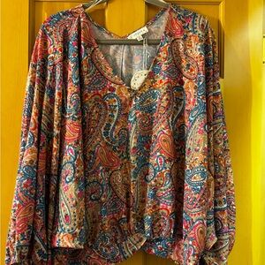 Umgee Paisley Print Blouse - Red, Blue, Orange